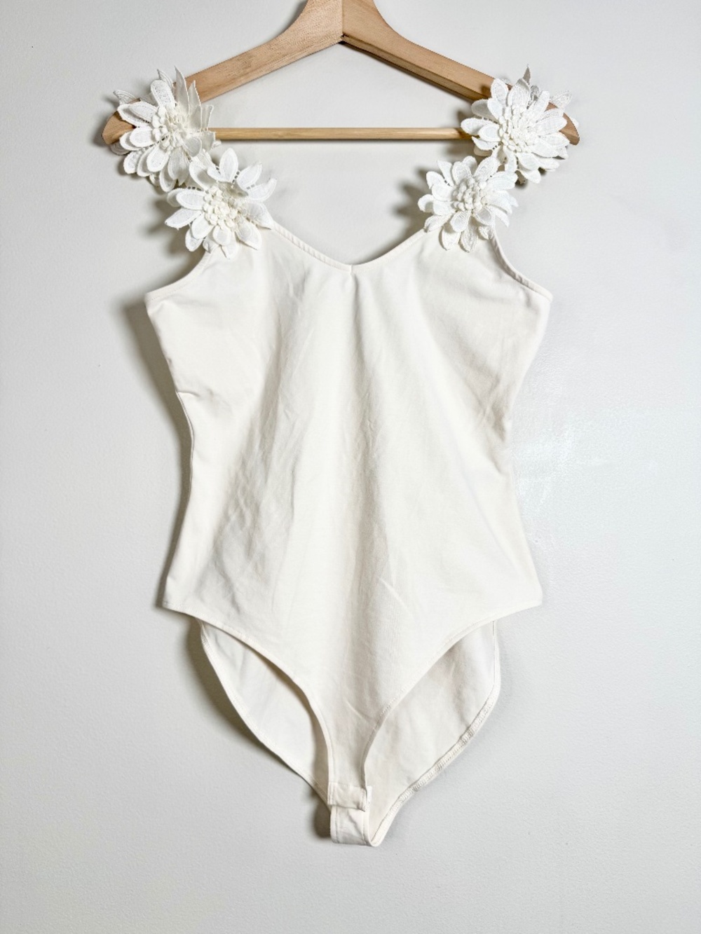 & Other Stories Romantic Ivory White Floral Appliqué Strapped Bodysuit Size S